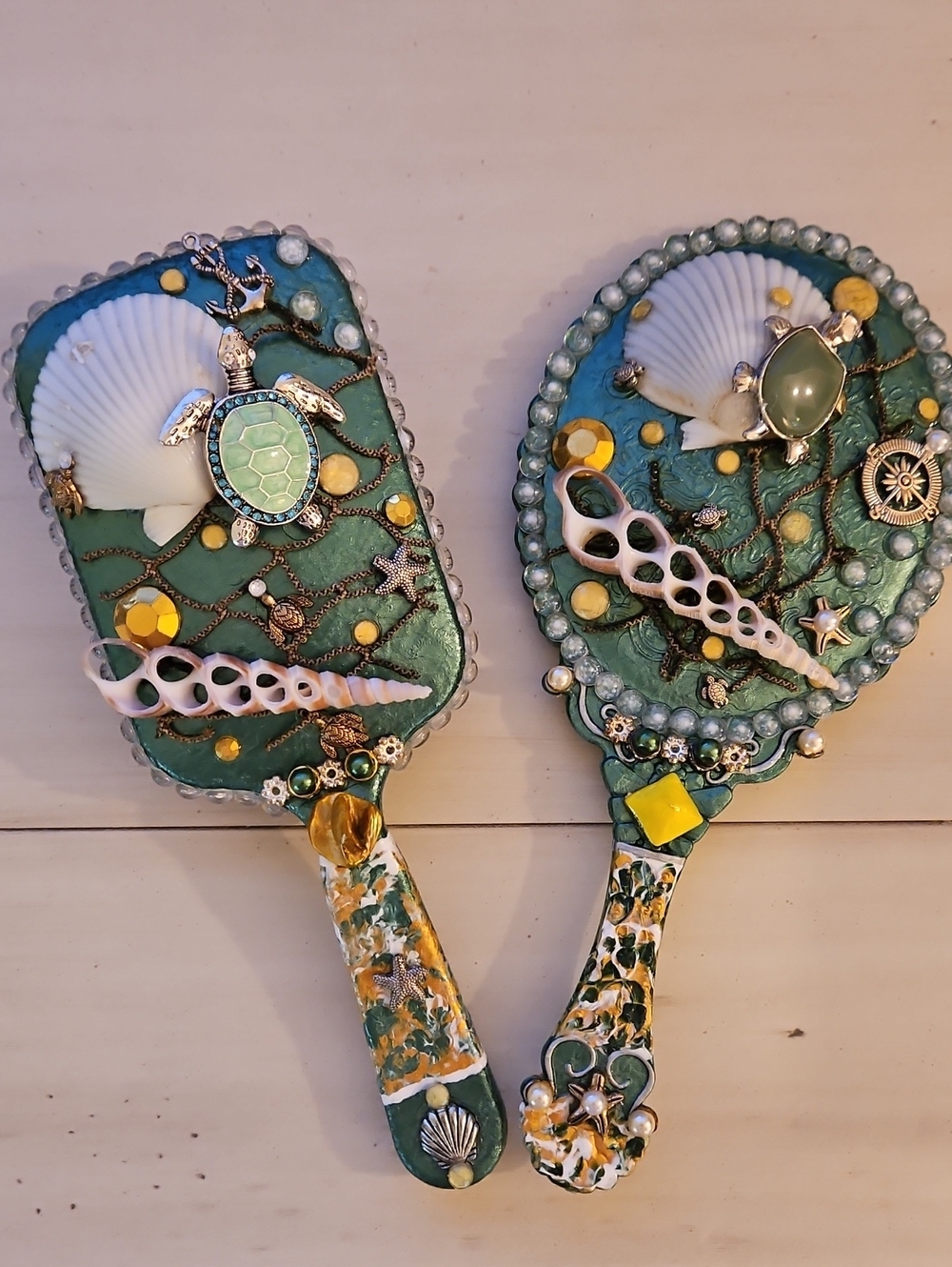 Hand Mirror & Hair Brush Dresser Set. Malachite Sea Turtle, Under The Sea